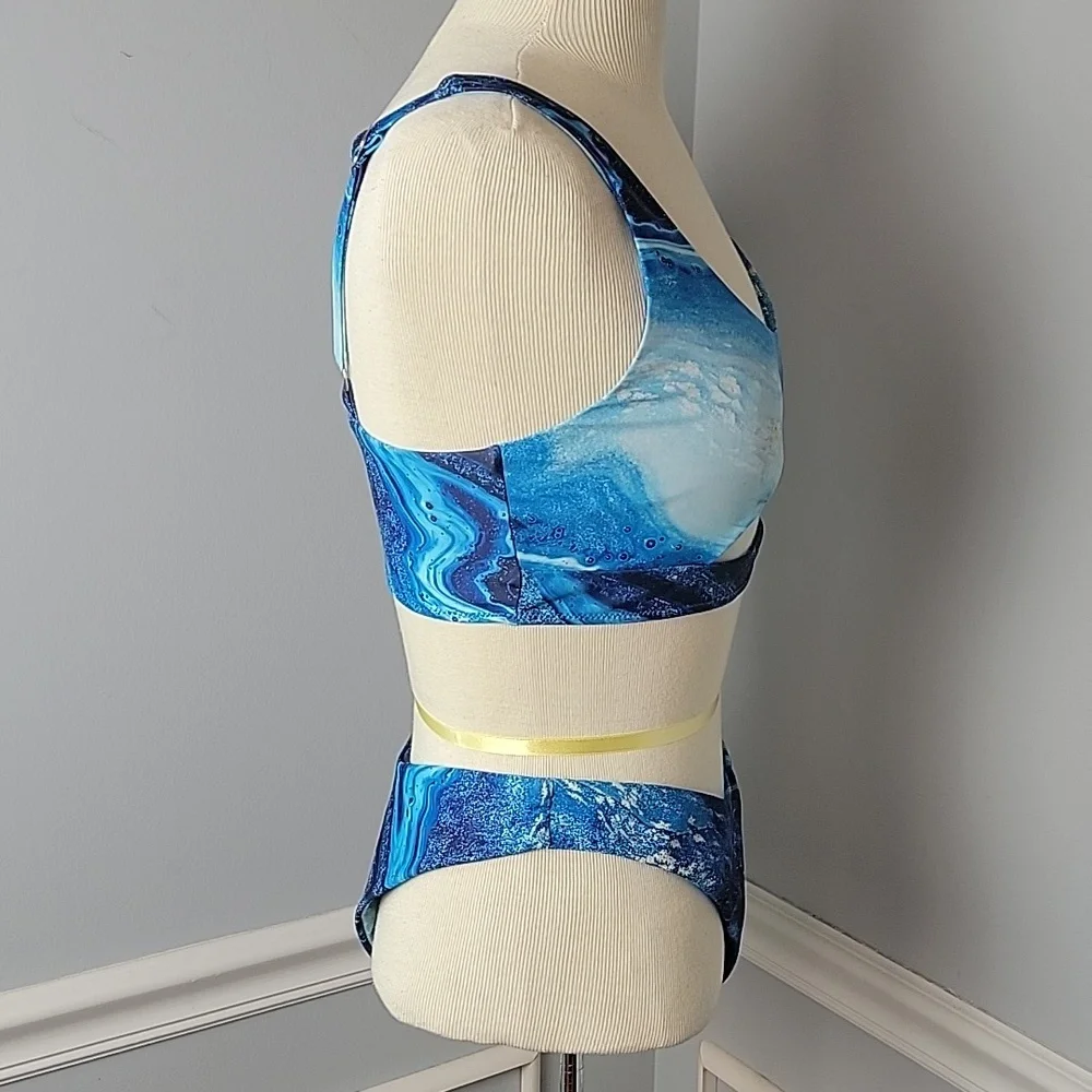 ZAFUL Lapis Blue Ocean Print Sporty Cutout Top High Cut‎ Leg Bikini Swimsuit M 6